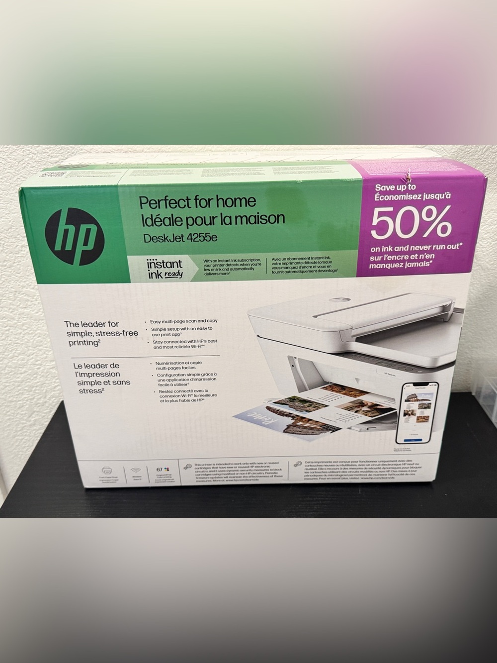 HP DeskJet 4255e Multifunction Printer in White and Green Accent